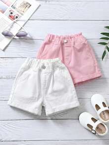 SHEIN 2件套女婴牛仔短裤套装，蓝色 & 女童春夏休闲度假乡村波西米亚风服装，儿童沙滩装 - 彩色 - 查看 1