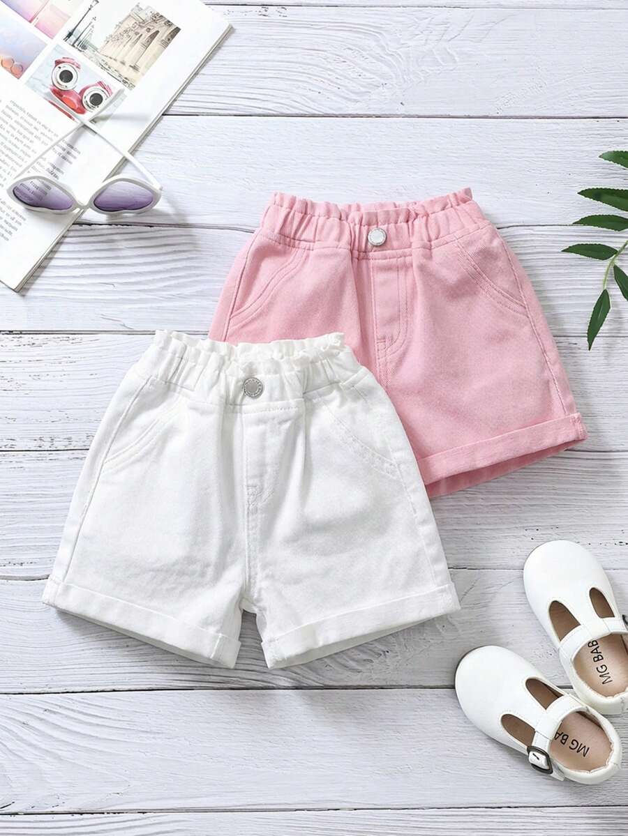 SHEIN 2件套女婴牛仔短裤套装，蓝色 & 女童春夏休闲度假乡村波西米亚风服装，儿童沙滩装 - 彩色 - 查看 1