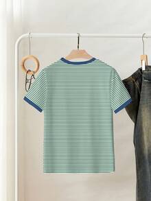 Resyla 女士休闲条纹猫咪标语印花T恤，夏季 - 藍色 - 查看 2