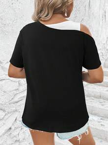 EMERY ROSE Plus Size Summer Casual Colorblock Asymmetric Collar T-Shirt - Black - View 2