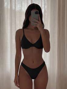 SHEIN Swim Bộ Bikini Hai Mảnh Họa Tiết Màu Trơn, Đi Biển Mùa Hè - màu đen - Xem 1