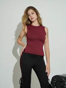 Ananda Vibes Spring & Summer Women Tank Top, For Valentine Day/ Casual/Vintage/Festival/Country Concert/Brunch/Homecoming/Easter/Guest/Tea Party/Basic/Concert Women/Prom /Wedding/Rave Festival/Formal/Western/Cocktail/Club/Spring/Birthday/Cute/Classy/Going Out/Vacation/Office/Airport/2000s Style/Streetwear/Sleeveless Back Hollowed-Out Strap Red - Burgundy - View 3