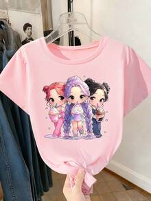 Blusa de manga corta con cuello redondo y estampado gráfico de dibujos animados/grupo de chicas K-Pop, ropa casual de verano para uso diario, viajes u ocasiones festivas - Rosa Pálido - Ver 5