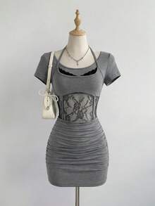 Elamini Vestido casual de mujer con mangas cortas, parches de encaje y pliegues, ropa gótica de encaje, camiseta de encaje al por mayor, camiseta corset, blusas de manga corta para mujer, vestido ajustado para mujer, vestido con inserciones de encaje - Gris - Ver 1