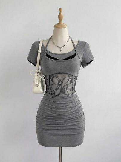 Elamini Women's Pleated Lace Patchwork Casual Short Sleeve Dress Womans Clothes Gothic Lace T Shirt Wholesale Clothing Corset T-Shirt Womens Short Sleeve Tops Womens Bodycon Dress Women Clothes Dress Lace Insert Dress