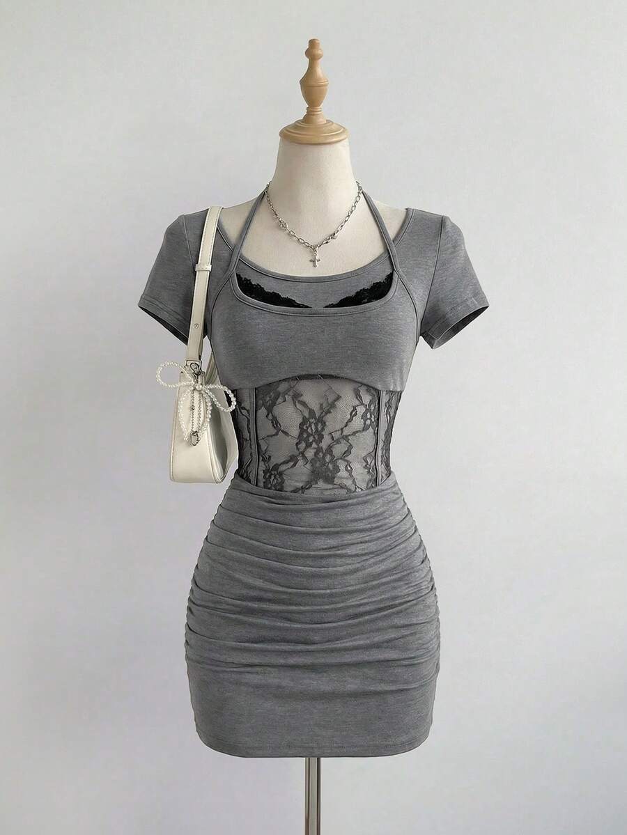 Elamini Vestido casual de mujer con mangas cortas, parches de encaje y pliegues, ropa gótica de encaje, camiseta de encaje al por mayor, camiseta corset, blusas de manga corta para mujer, vestido ajustado para mujer, vestido con inserciones de encaje - Gris - Ver 1