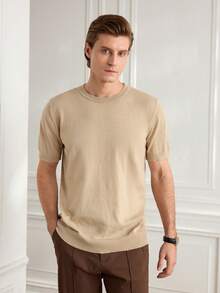 Officeau Suéter informal de manga corta de punto de unicolor para hombre, para primavera/verano - Caqui - Ver 5