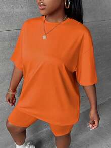 Slaydiva Setelan 2 Potong Kaos Lengan Pendek dan Celana Pendek Warna Polos Kasual Musim Panas Ukuran Besar - Jeruk - View 4