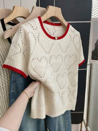 SHEIN Franclia 캐주얼 루즈 라운드 넥 반팔 니트 하트 할로우 대비 트림 디자인 베이지 여성 니트 탑, 봄/여름 반팔 스웨터 여성 반팔 탑 여성 최신 탑 여성 신상품 니트 탑 여성 니트 탑