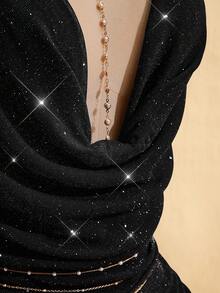 SHEIN ICON Mono de talla grande con unicolor, cuello halter, decoración metálica y espalda descubierta - Negro - Ver 7