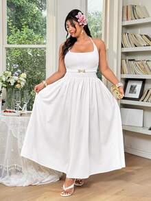 Celure Elegant Plus Size White Engagement Wedding Dress With Halter Neck Sleeveless Long Flared Design And Gold Button Detail - White - View 3