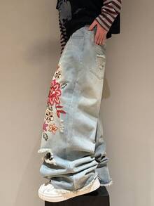 STEELVANCE 男士复古街头风时尚百搭猫须做旧磨边刺绣宽松阔腿休闲牛仔裤 - 藍色 - 查看 5