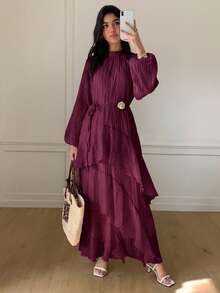 Solavon New Ruched Multi-Layer Flounce Cinched Waist Flowy Beach Dress, Flattering And Suitable For Vacation And Beach - Red Violet - View 5