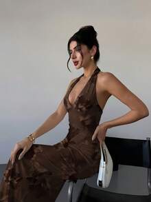 Firerie 新款优雅浪漫棕色V领扎染印花修身连衣裙，棕色连衣裙，夏季连衣裙，沙滩度假装 - 棕色 - 查看 9