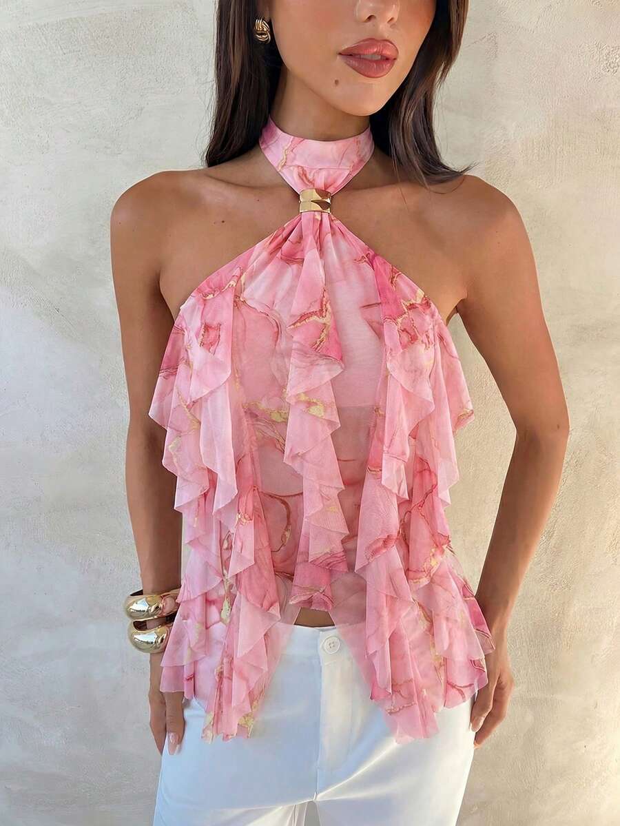 Aloruh 女士优雅多层荷叶边立领修身背心 - 粉色 - 查看 1