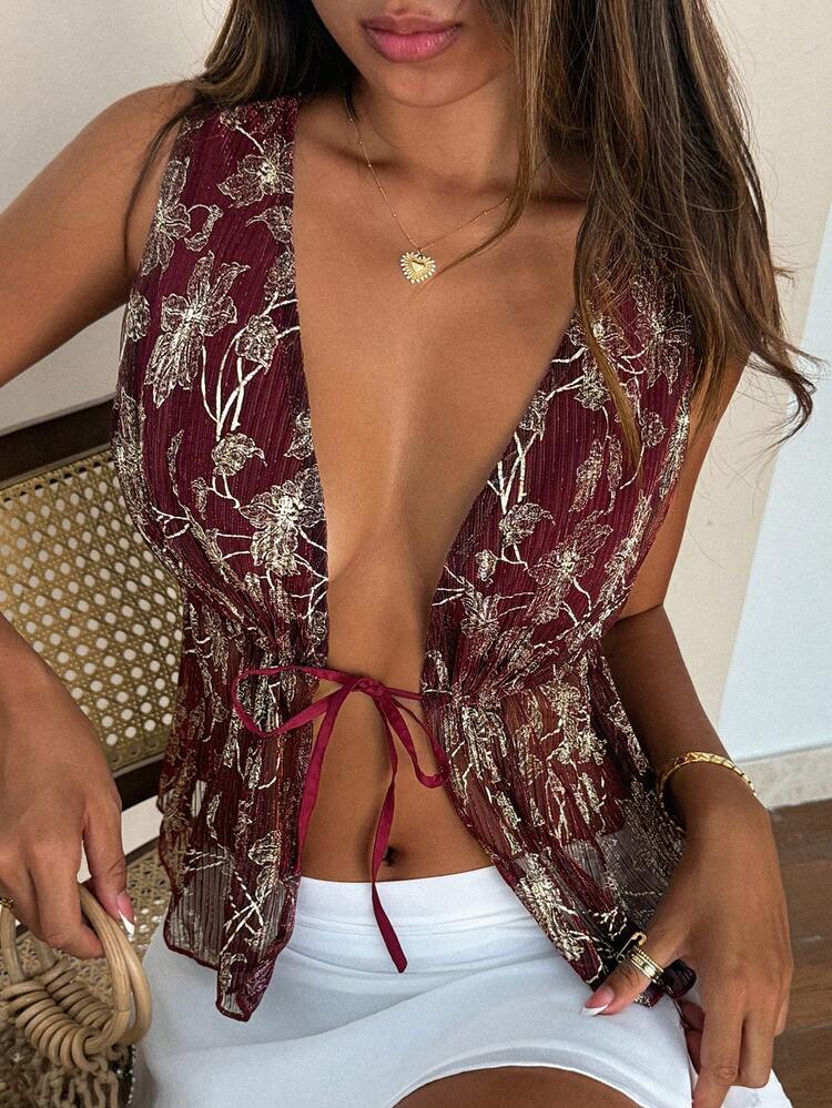 Women's Foil Print Tie-Waist Casual Vacation Summer Tank Top