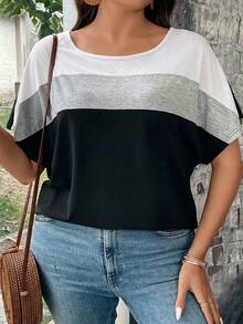 SHEIN LUNE Plus Size Contrast Color Crew Neck Casual Short Sleeve T-Shirt, Fall Women Tops Purple - Multicolor - View 3