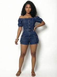 Slaydiva Women's Summer Casual One-Shoulder Button Half-Placket Denim Jumpsuit - Blue - View 4