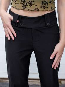 Ananda Vibes Women Plain Color Casual/Fashionable Outing/Versatile Casual/Old Money Style Patch Pocket Wide Waistband Simple Commute Office Low-Waist Loose Wide Leg Pants, Autumn/Winter Women Pants, Pants, Women's Dress Pants, Work Wear, Vintage Style Leopard Print - Black - View 5