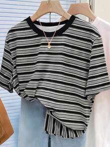 INAWLY 复古彩色条纹女式短袖T恤，夏季休闲圆领上衣 - 彩色 - 查看 3