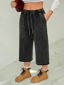 SHEIN Tall Quần short nữ mùa hè phong cách đường phố, cao bồi, cổ điển, dáng rộng, cạp chun, màu đen, thích hợp đi chơi. - Màu Xám nhạt - Xem 6