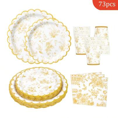 Yellow Blue And White Porcelain Petal Shaped Disposable Dining Plate Napkins Paper Cups, Disposable Party Supplies Set, Suitable For 16 Guests, Suitable For Birthdays, Weddings, Theme Parties, Family Picnics, Disposable Dining Plate Party Utensils