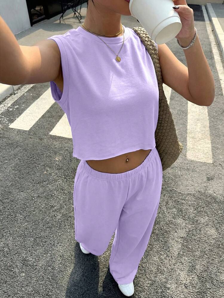 Muchica 两件套女士休闲纯色圆领宽松上衣和裤子紫色夏季套装 - 紫色 - 查看 1