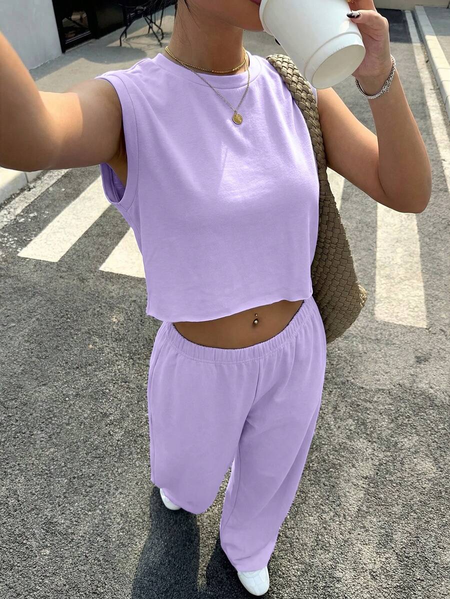 Muchica 两件套女士休闲纯色圆领宽松上衣和裤子紫色夏季套装 - 紫色 - 查看 1