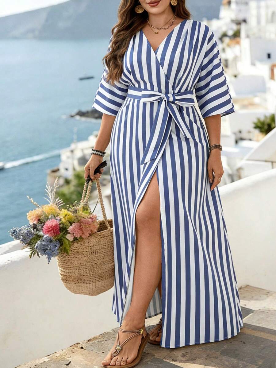 Linhara CURVE 大码女式清新蓝白竖条纹V领连衣裙，宽松蝙蝠袖系带长款连衣裙，法式浪漫裹身修身长裙，轻盈百搭，适合通勤、约会、度假等场合。 - 藍白色 - 查看 1