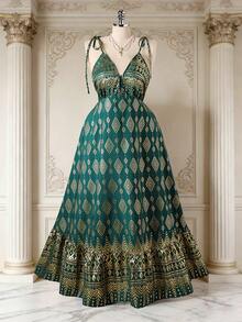 Rometta 大码女式波西米亚风V领系带印花长裙，绿色花卉印花V领系腰沙滩度假连衣裙，印花V领收腰显瘦长裙，适合海滩度假、夏季派对、休闲外出、购物、街头风或朋友聚会，轻松打造时尚造型 - 綠色 - 查看 1