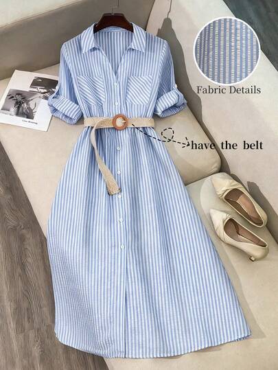 GlowEve CURVE 大码女式优雅时尚通勤蓝白条纹短袖衬衫裙，春夏款