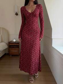 DAZY Long Ditsy Floral V-Neck Ruched Fitted Nightgown, Fall Pajama, Winter - Burgundy - View 4