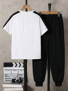 Vacaura 2 pièces/Set T-shirt à imprimé œil d'oiseau noir et pantalon noir pour pré-adolescents, tissu doux et confortable, convient pour le printemps/automne, l'école, les sports extérieurs, la photographie, les sorties, diverses occasions - Noir et Blanc - Voir 2