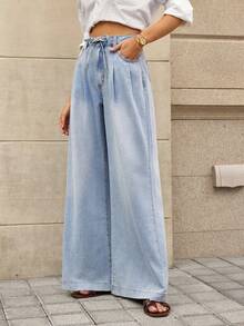 Selenza 女士优雅褶裥阔腿牛仔裤，夏季 - 淺色水洗藍 - 查看 6