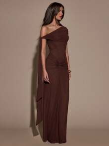 SHEIN BAE Women's Solid Color Asymmetric Twist Bodycon Summer Elegant Dress,Summer Dresses For Women - Coffee Brown - View 5
