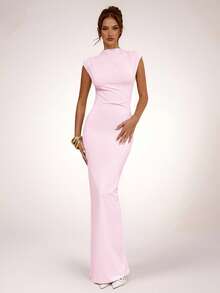 SHEIN BAE Apricot Asymmetric Ruched Bodycon Dress, Elegant Basic Minimalist Long Dress, Spring/Summer,Summer Dresses For Women - Coral Pink - View 7