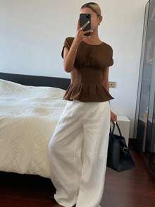 DAZY 女士纯色腰部收褶短袖优雅度假夏季衬衫 - 棕色 - 查看 5