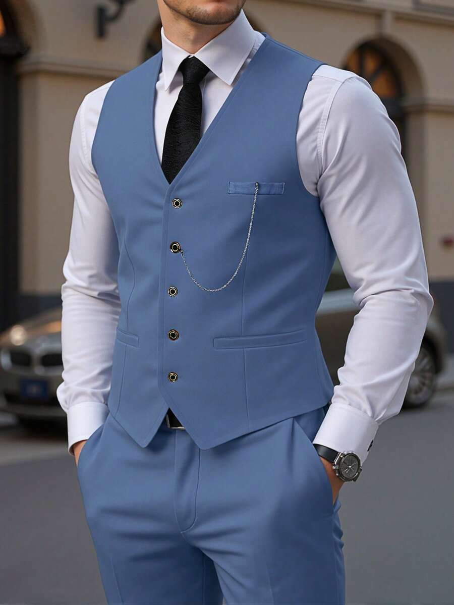 Manfinity Mode Bộ vest và quần tây công sở màu trơn dành cho nam giới, thích hợp đi làm. - Màu xanh bụi bặm - Xem 1