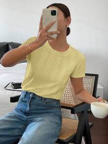 Siren Gaze 女士休闲纯色短袖T恤，夏季 - 黃色 - 查看 3