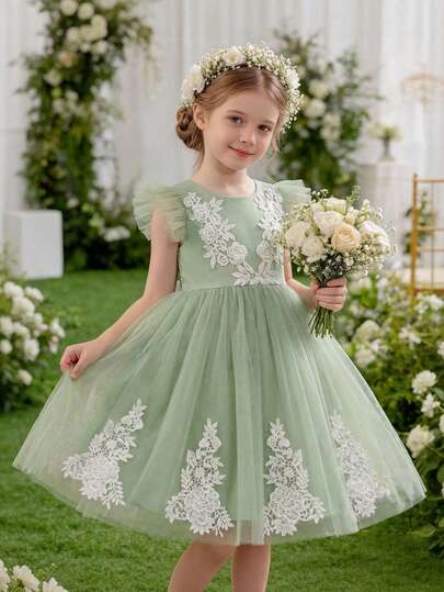 Young Girl Elegant & Cute Green Mesh Floral Applique Cap Sleeve Dress Pastel Green Kids Dresses Olive Green Children Dresses Sage Flower Girl Dress Enchanting Garden Kids Dress Tulle Dress For Girls Sage Green Dresses For Girls Embroidered Dress For Girls Party Dresses For Girls Bridesmaid Dress For Kids