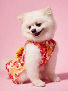 PETSIN 1pc Colorful Small Flowers And Red And Yellow Chrysanthemums With Bow Print Pet Dress, Gentle And Breathable Summer Vacation Style Sleeveless Pet Clothing - Multicolor - View 12
