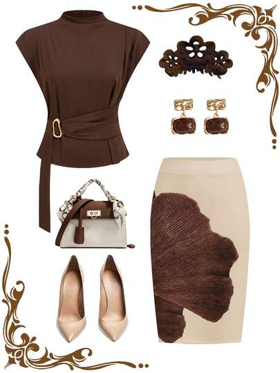 Ellevyn Women's Solid Color Mandarin Collar Casual Minimalist Summer Top And Mini Skirt 2-Piece Set