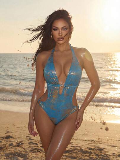 Swim SXY Women's Summer Beach Vacation Halter Neck Special Fabric Dress With Waist Tie And Side Tie Details