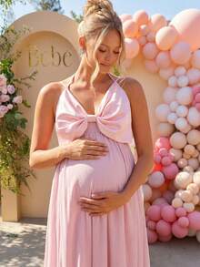 Loomaby Pregnant Women's Solid Color Bow Decor Sleeveless Halter Backless Elegant Dress Dress Gender Reveal Dress Maternity Dress Baby Shower Dress - Pink - View 6