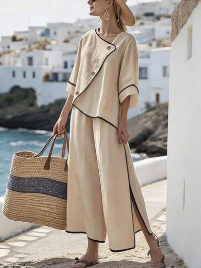 SHEIN Holidaya Conjunto de 2 piezas de estilo casual de vacaciones para mujer con top envolvente con botones y ribete de contraste, y pantalones de pierna ancha, para primavera/otoño