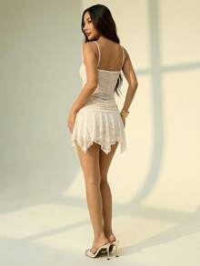 SHEIN PETITE 女士蕾丝吊带上衣和半身裙套装，杏色，适合度假、海滩、音乐节、派对、夏季穿着 - 白色 - 查看 2