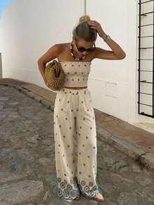 Firerie 女士度假撞色印花优雅休闲弹力修身褶皱上衣阔腿裤套装抹胸上衣和裤子套装女士夏季服装女士两件套度假服装女士度假两件套波西米亚风女装花卉假日度假村 - 彩色 - 查看 3