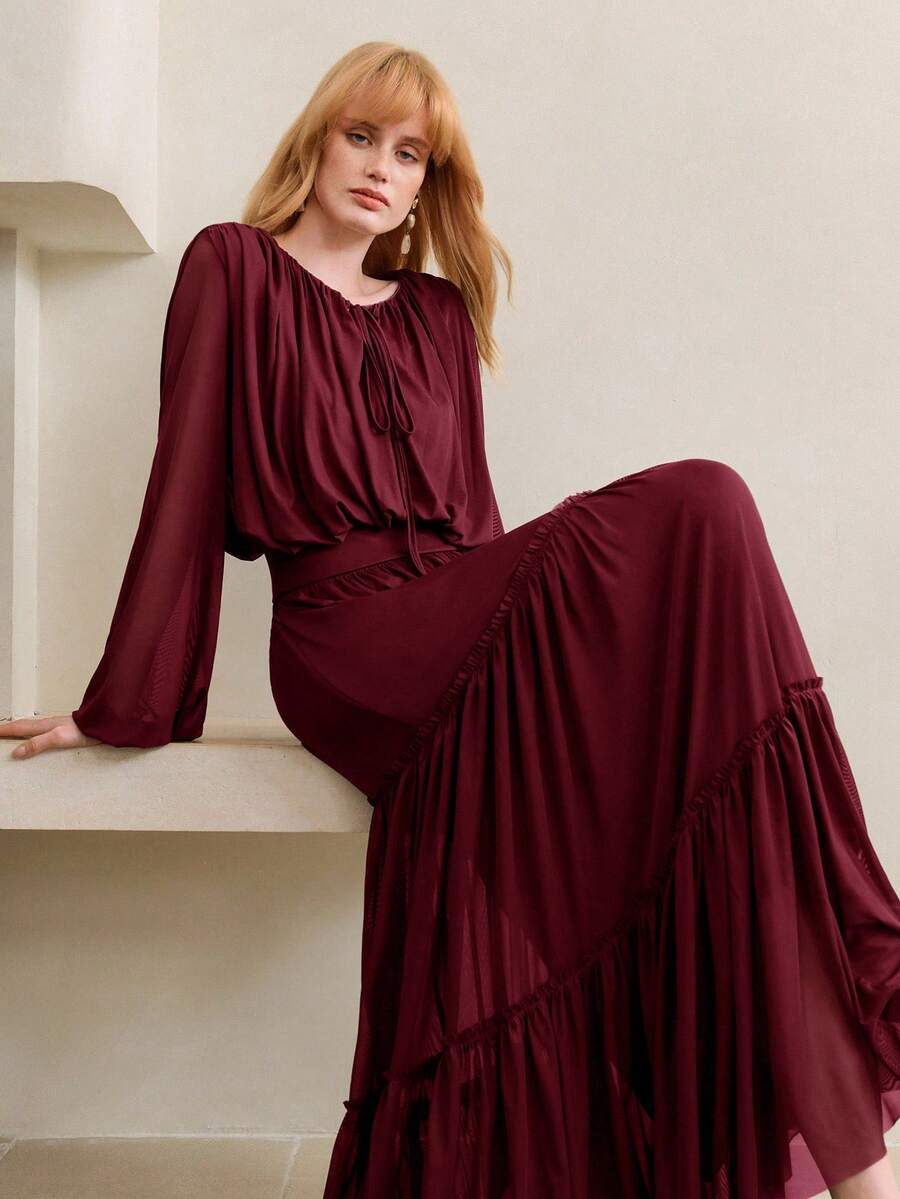 Arave Conjunto de blusa de manga farol calada y falda evasé con volantes para mujer, diseño de cintura ceñida, adecuado para el uso diario - Burdeos - Ver 1