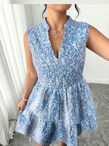 Elenzga Đầm hè cỡ lớn không tay cổ chữ V in họa tiết toàn thân, chất liệu jacquard thanh lịch. - Màu xanh lam - Xem 6