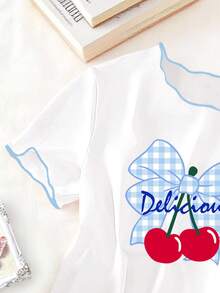 SHEIN Genkimix Kids Bộ đồ ngủ 2 món cho bé gái tuổi teen, nền trắng phối kẻ caro xanh dương, họa tiết nơ, quần kẻ caro xanh dương cùng màu, đồ mặc nhà thoải mái. - Màu be - Xem 4